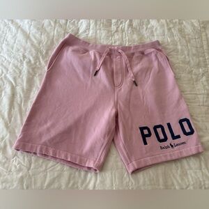 Men’s Polo Ralph Lauren Pink Spellout Logo Fleece Shorts sz. Large